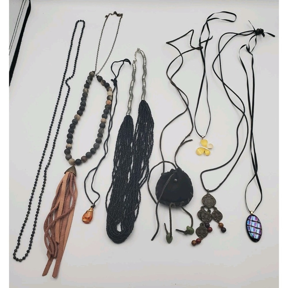 Boho Jewelry Lot 8 Necklaces Statement Pendants Beaded Leather Estate Find